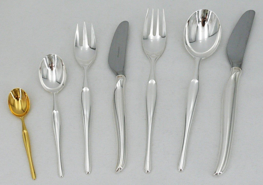 Christofle Duo Model, Tapio Wirkkala, 90 Piece Cutlery Set In Silver Metal, Excellent Condition.-photo-4