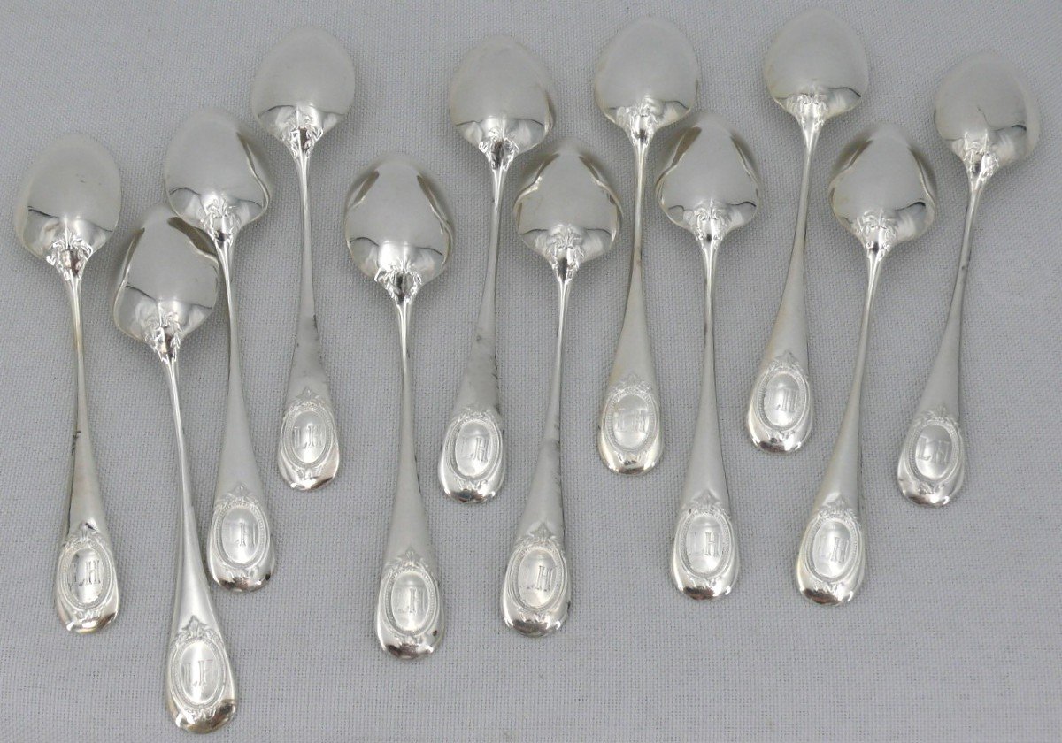 12 Tea/coffee/dessert Spoons, Sterling Silver Minerva, Medallion Baguette, Monogram Lh.-photo-4