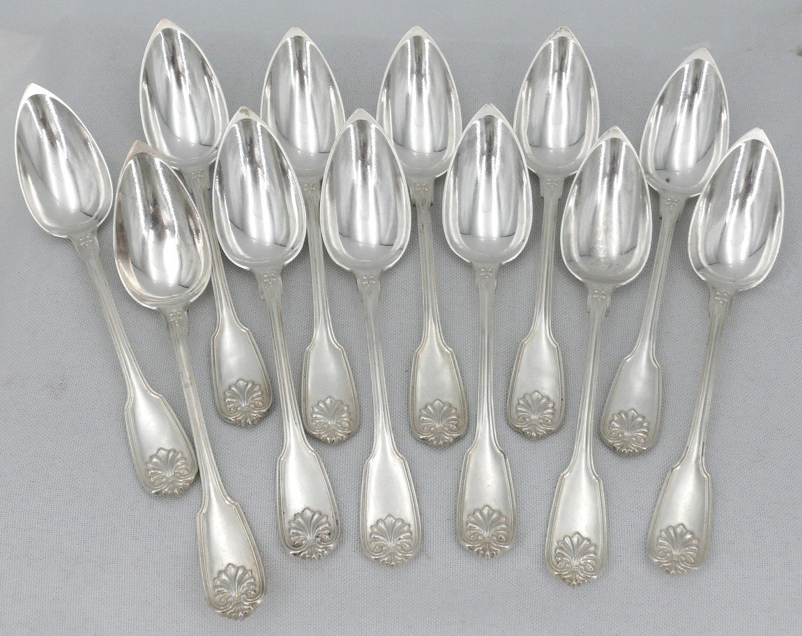 12 Couverts à Entremets/dessert En Argent Massif Minerve, XIXe, Modèle Coquille, 24 Pièces.-photo-2