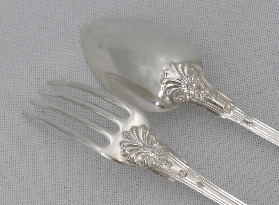12 Couverts à Entremets/dessert En Argent Massif Minerve, XIXe, Modèle Coquille, 24 Pièces.-photo-3