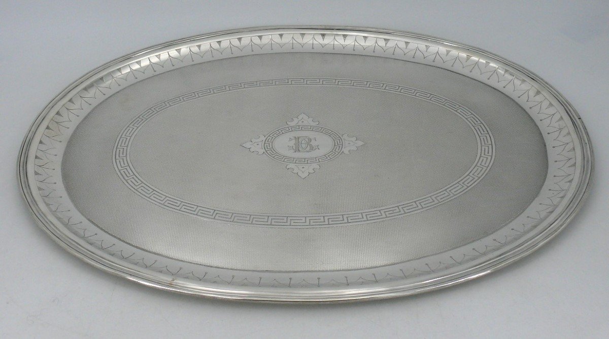 Oval Guilloché Tray In Sterling Silver Minerva, Napoleon III, 64.5 X 41.5 Cm, 1.8 Kg.-photo-2