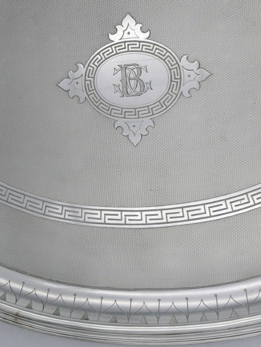 Oval Guilloché Tray In Sterling Silver Minerva, Napoleon III, 64.5 X 41.5 Cm, 1.8 Kg.-photo-3