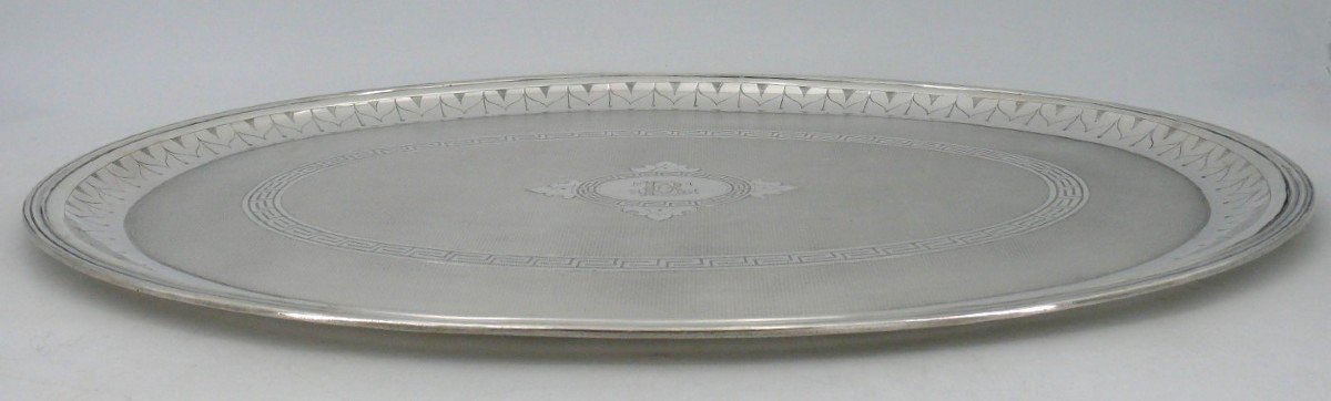 Oval Guilloché Tray In Sterling Silver Minerva, Napoleon III, 64.5 X 41.5 Cm, 1.8 Kg.-photo-1