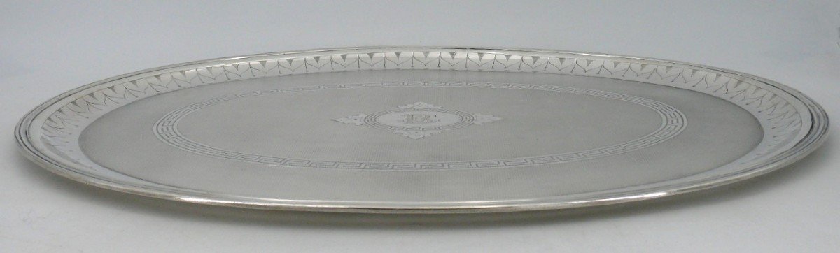 Plateau Ovale Guilloché En Argent Massif Minerve, Napoléon III, 64,5 X 41,5 Cm, 1,8 Kg.-photo-1