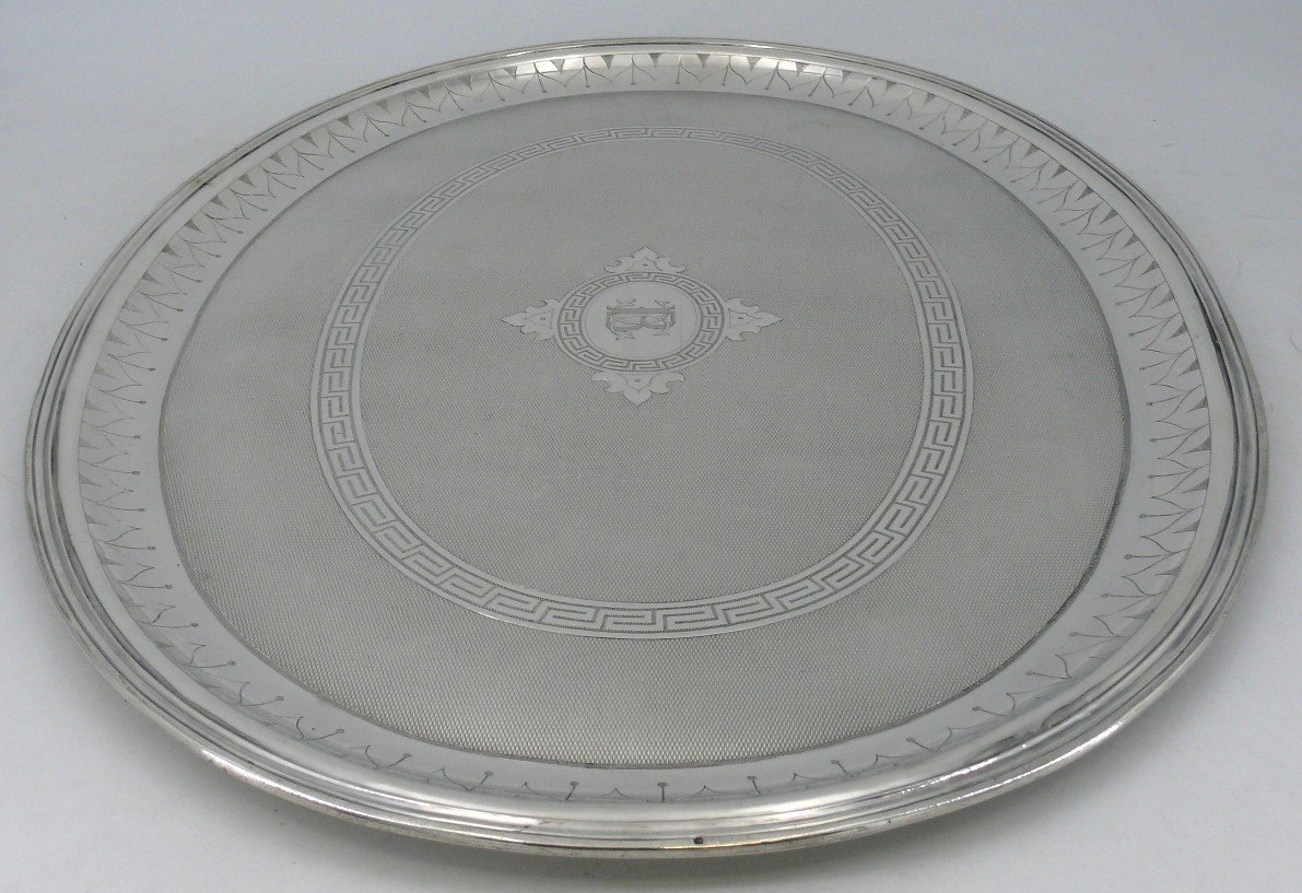 Oval Guilloché Tray In Sterling Silver Minerva, Napoleon III, 64.5 X 41.5 Cm, 1.8 Kg.-photo-4