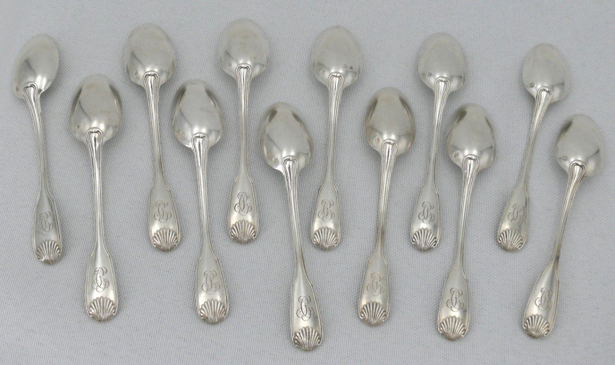 Hénin, 12 Cuillères à Moka En Argent Massif Minerve, Modèle Coquille, Monogramme "bc".-photo-4