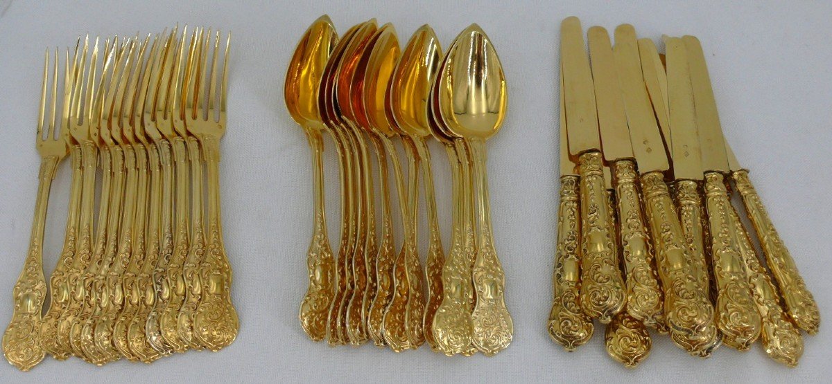 Ménagère à Entremets/dessert, Vermeil, Argent Massif Minerve, Napoléon III, Couteaux, 36 Pièces-photo-2