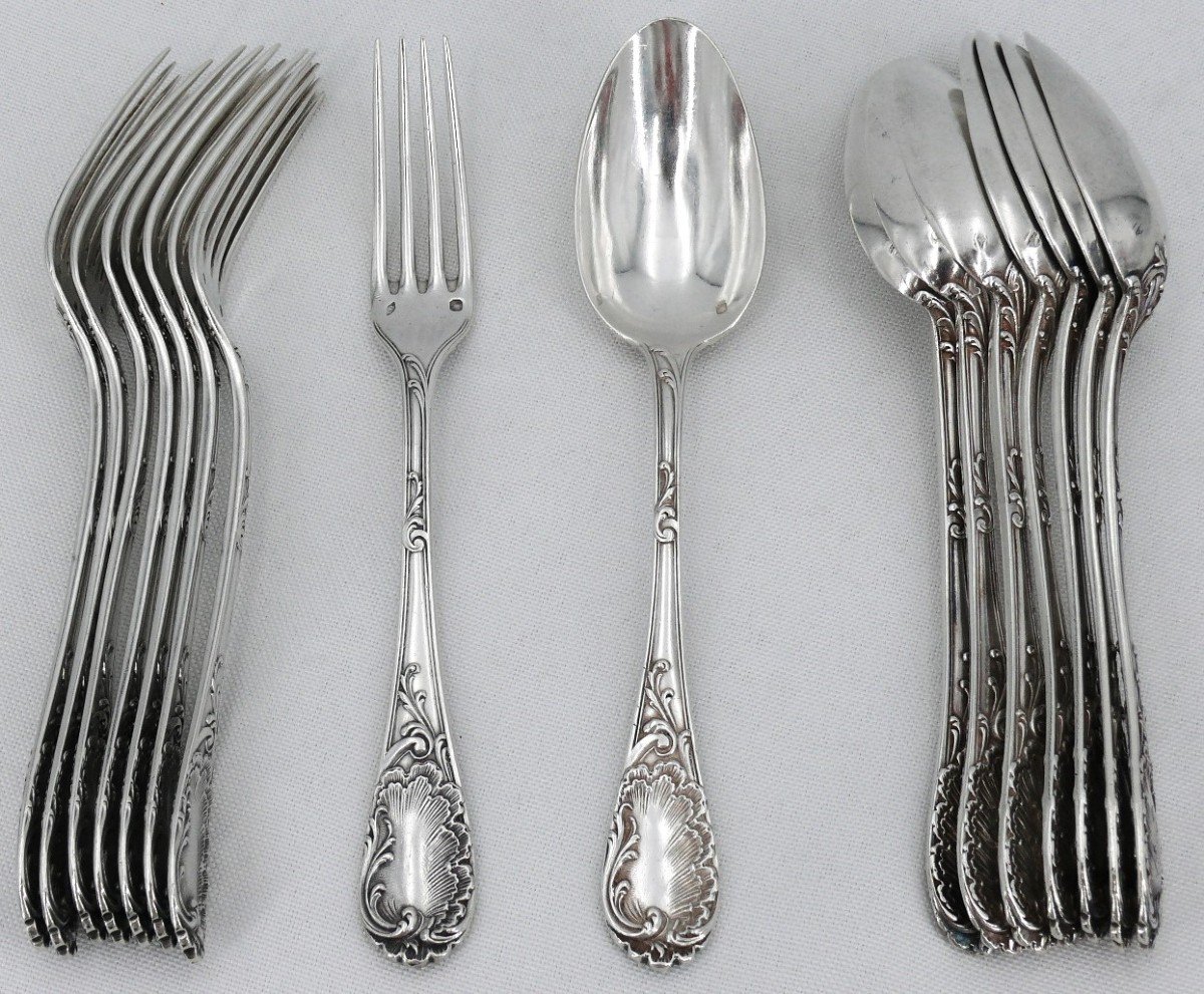 Puiforcat Modèle Rocaille, Louis XV, 8 Couverts à  Entremets/dessert, 16 Pièces, Argent Massif 