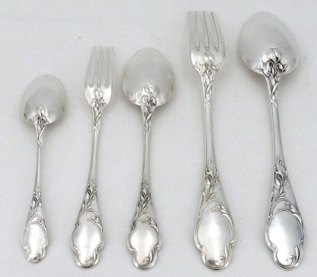 Ménagère De 40 Pièces, Argent Massif Minerve, Art Nouveau, Iris, Louis Coignet, 8 Personnes.-photo-4