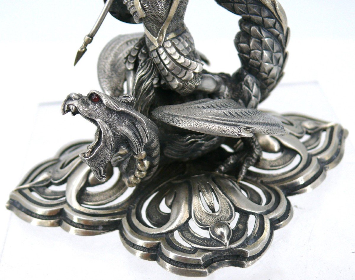 Très Belle Figurine En Argent Massif, Saint Georges Terrassant Le Dragon, Très Bon état.-photo-3