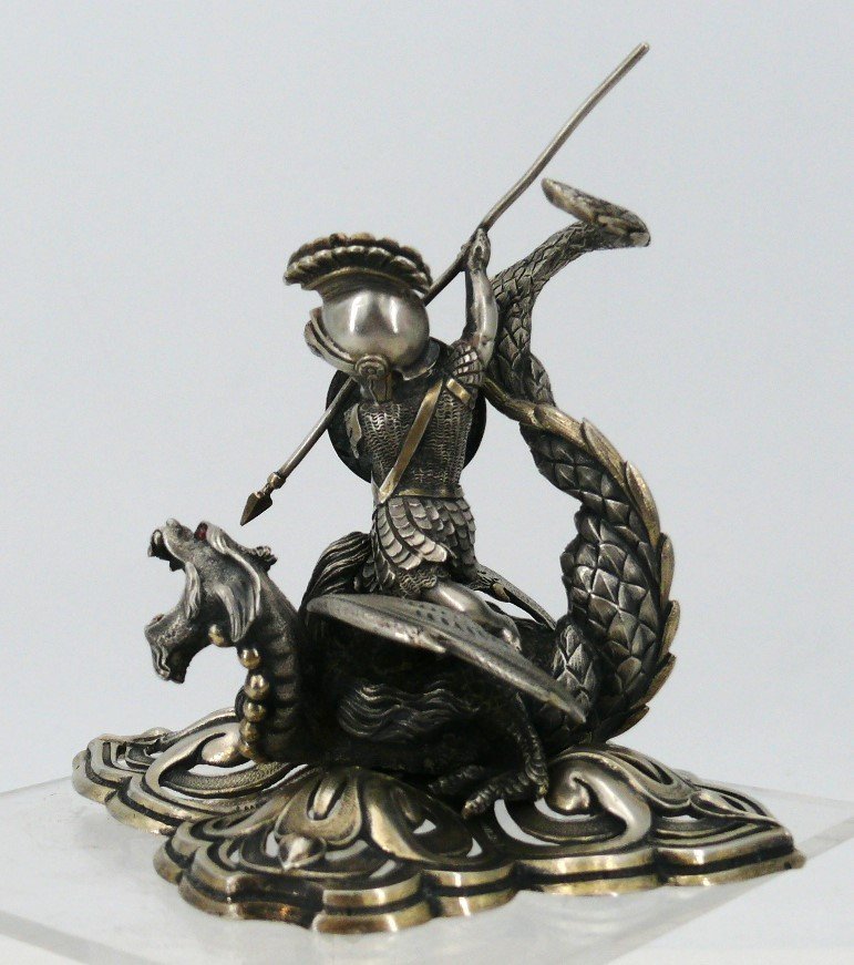 Très Belle Figurine En Argent Massif, Saint Georges Terrassant Le Dragon, Très Bon état.-photo-4