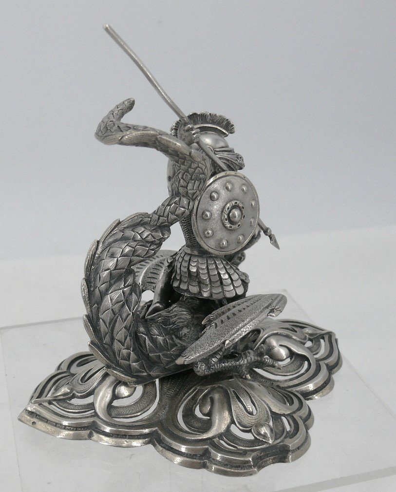 Très Belle Figurine En Argent Massif, Saint Georges Terrassant Le Dragon, Très Bon état.-photo-3