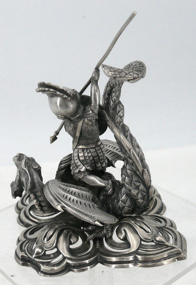 Très Belle Figurine En Argent Massif, Saint Georges Terrassant Le Dragon, Très Bon état.-photo-4