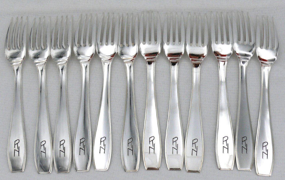 Christofle Atlas, 12 Entremets/dessert Place Settings, 24 Pieces Monogrammed "rn" Silver Metal.-photo-2