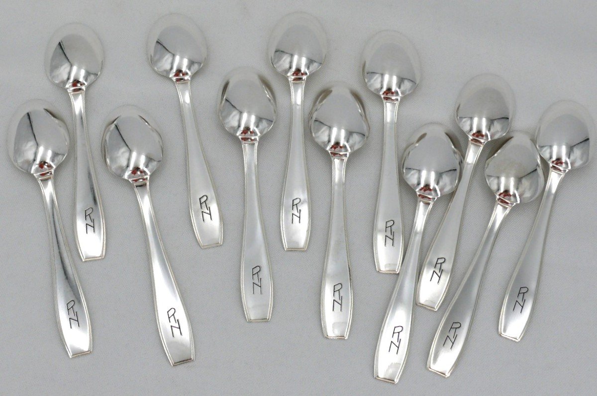 Christofle Atlas, 12 Entremets/dessert Place Settings, 24 Pieces Monogrammed "rn" Silver Metal.-photo-3