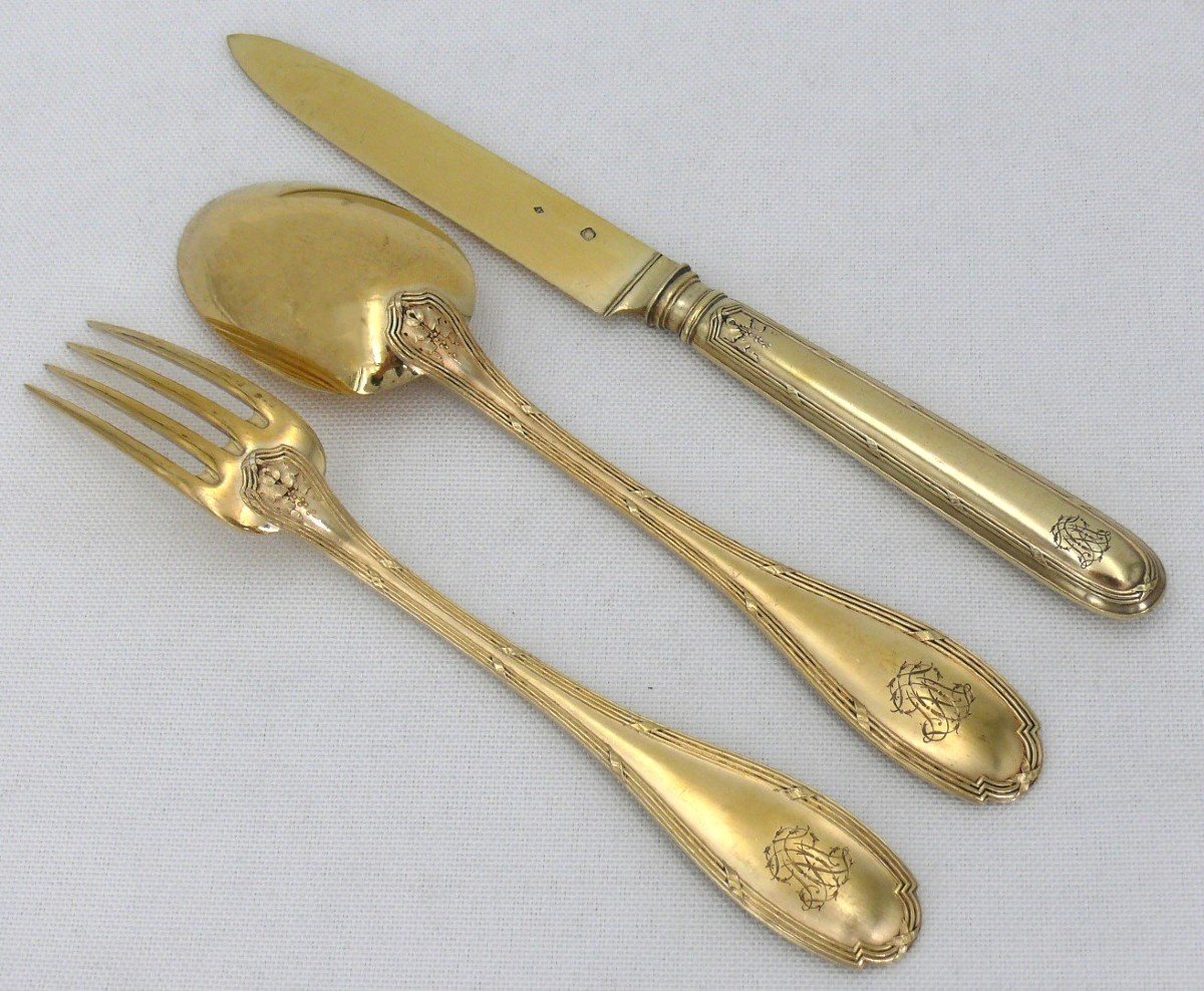 Risler & Carré, Vermeil Entremet/dessert Cutlery, Sterling Silver Minerva, Ribbons, 36 Pieces.-photo-3