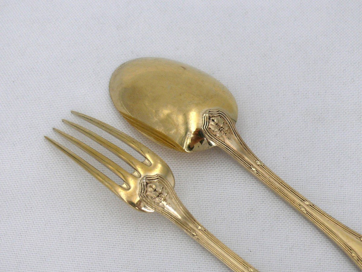 Risler & Carré, Vermeil Entremet/dessert Cutlery, Sterling Silver Minerva, Ribbons, 36 Pieces.-photo-4