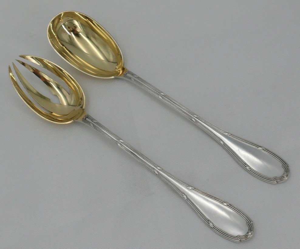 Risler & Carré, Salad Service Cutlery, Sterling Silver Minerva, Ribbons, Vermeil, Monogrammed