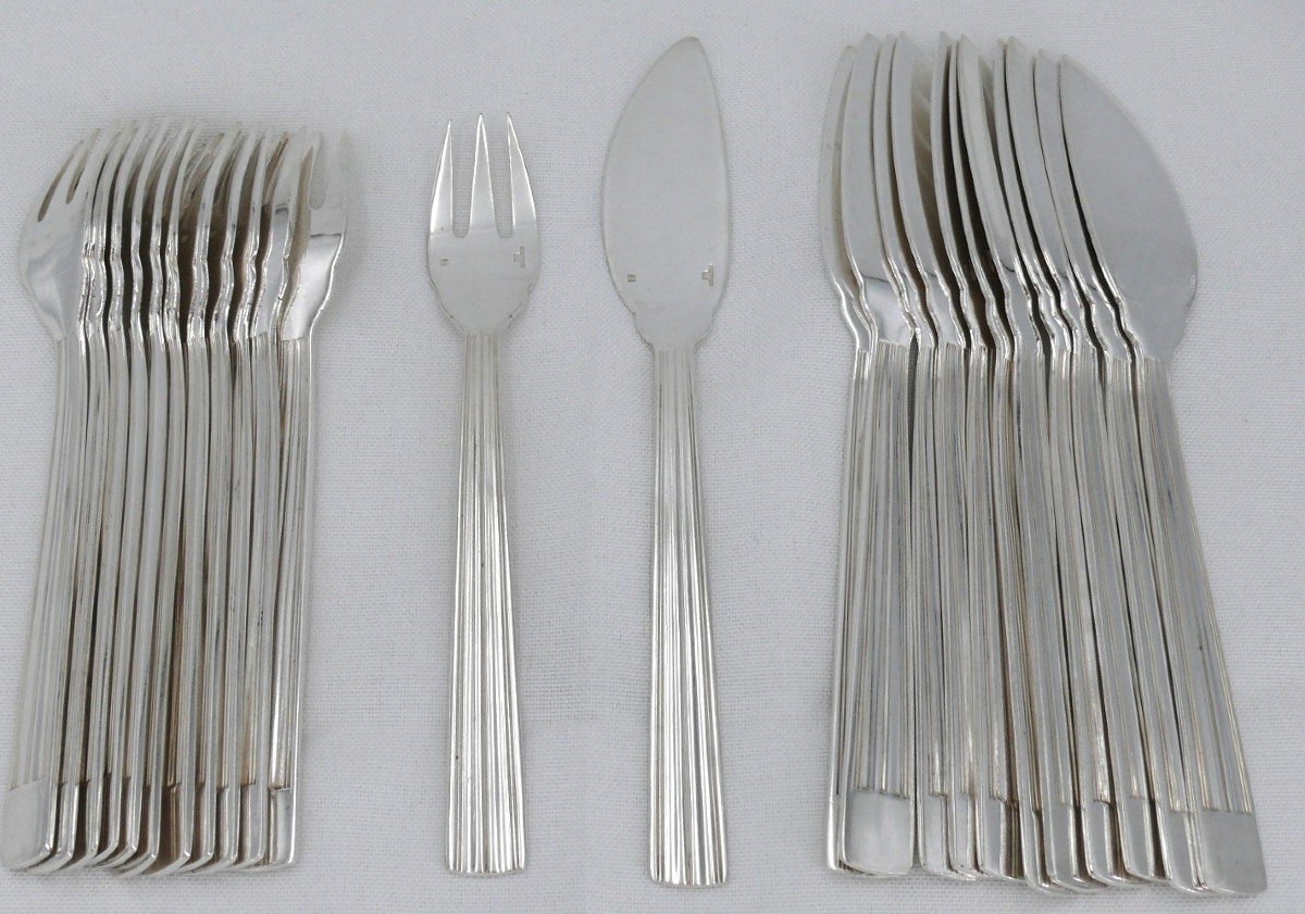 Christofle Mira/art Deco Model 12 Fish Cutlery, Silver Metal, 24 Pieces, Excellent Condition