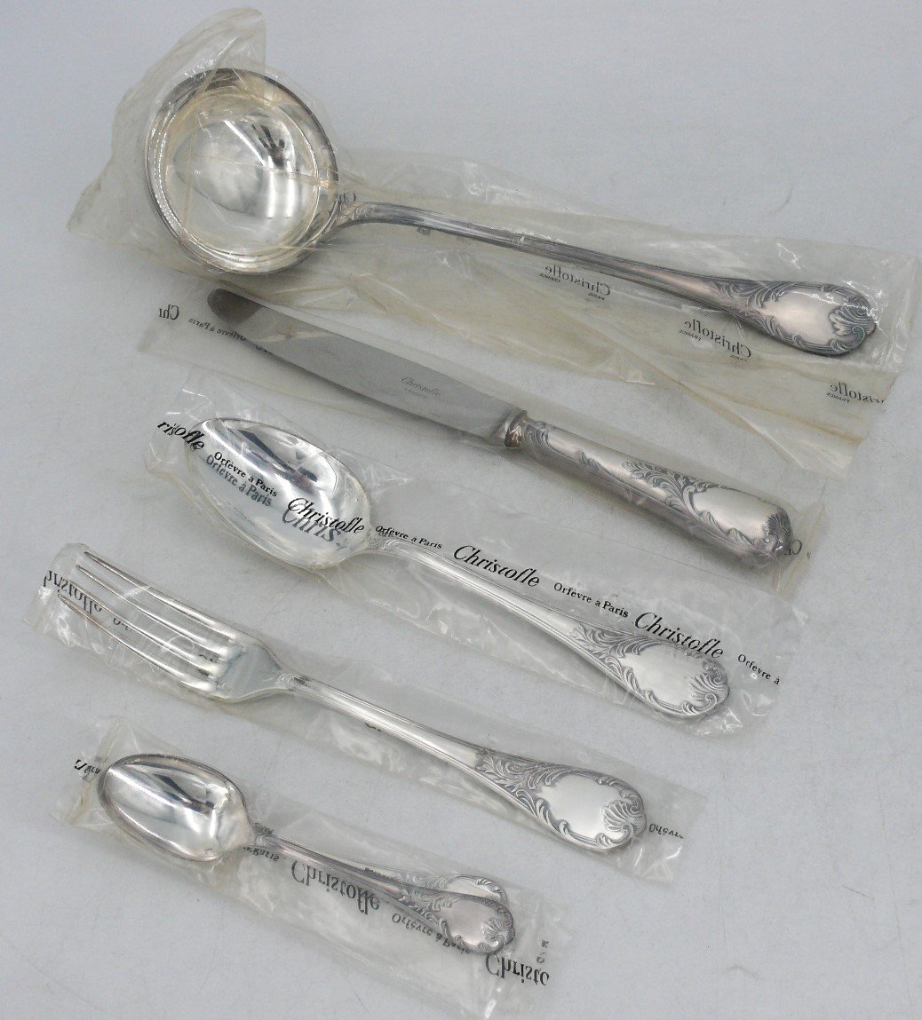Christofle Modèle Marly, Ménagère De 49 Pièces Neuves Avec Couteaux, Sous Blisters Scellés.-photo-2