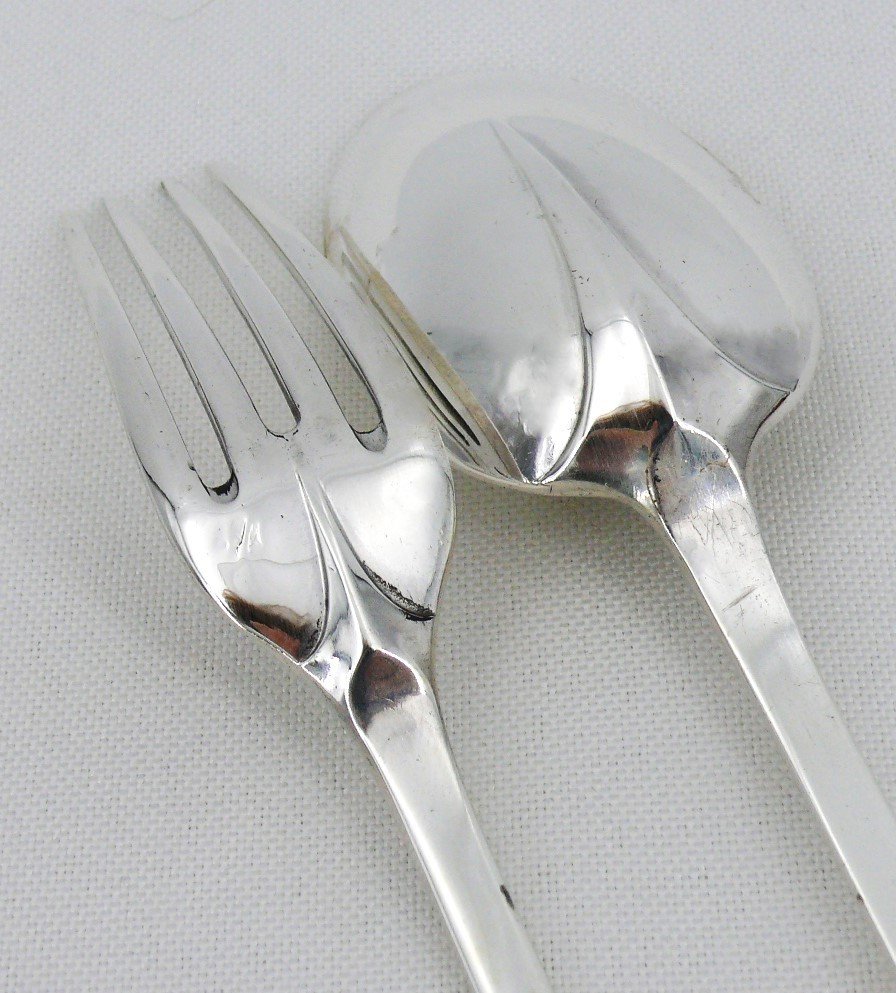Alfonse Debain, 6 Rat Tail Model Table Cutlery In Sterling Silver Minerva.