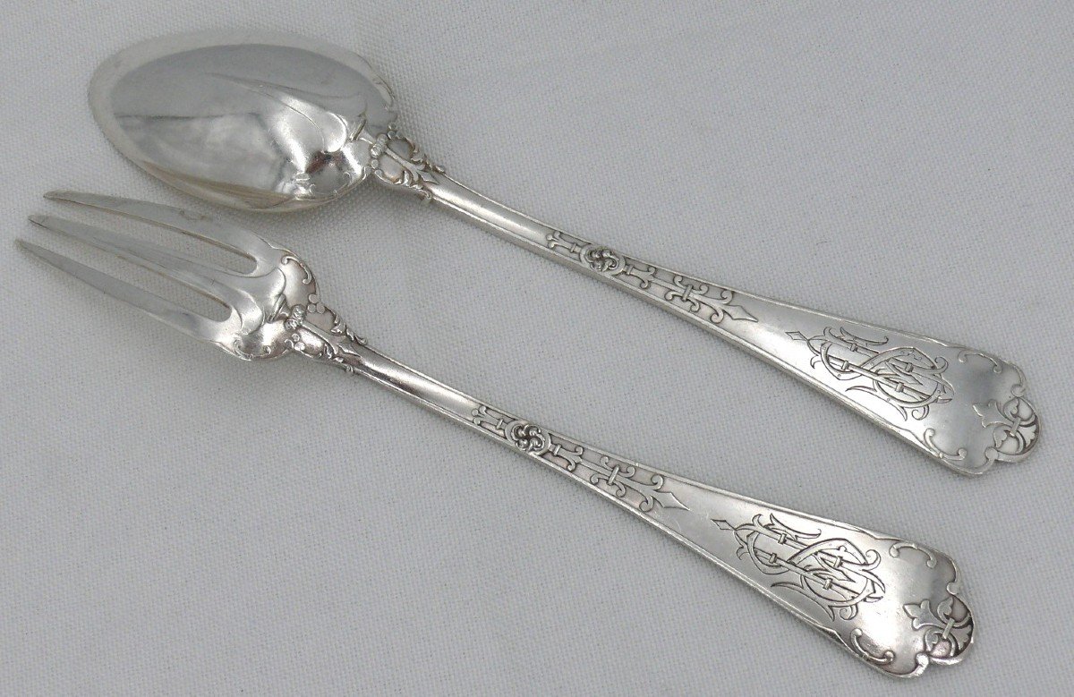 Puiforcat Spearhead Model With Rat Tail, 12 Table Cutlery In Sterling Silver Minerva.-photo-2