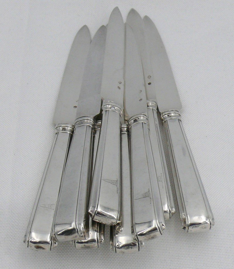 8 Art Deco Fruit/dessert Knives, Mercury Sterling Silver Blades, English Coat Of Arms.-photo-1