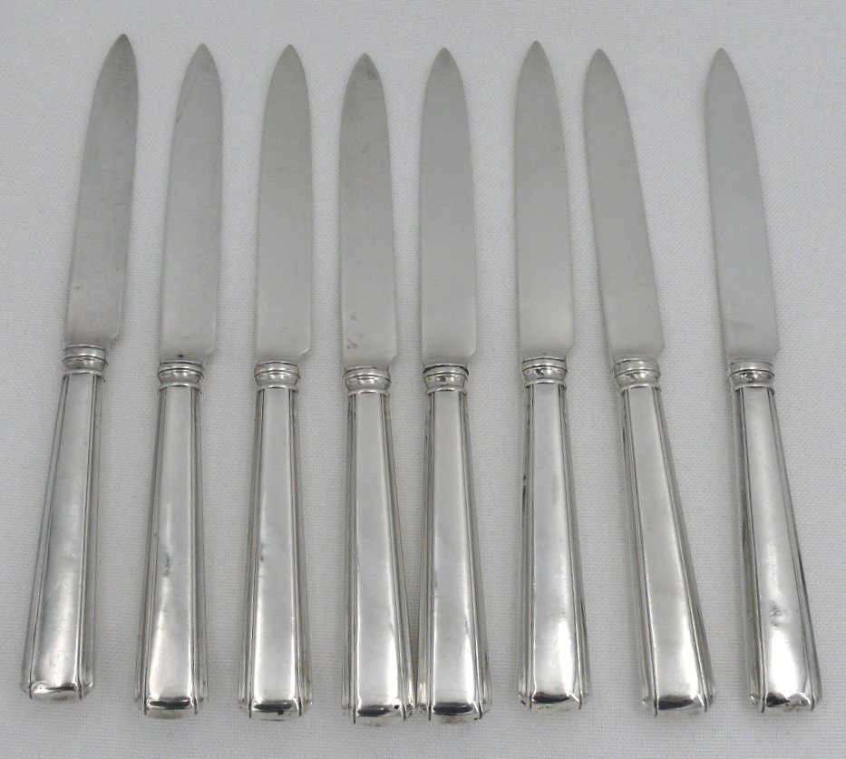 8 Art Deco Fruit/dessert Knives, Mercury Sterling Silver Blades, English Coat Of Arms.-photo-3