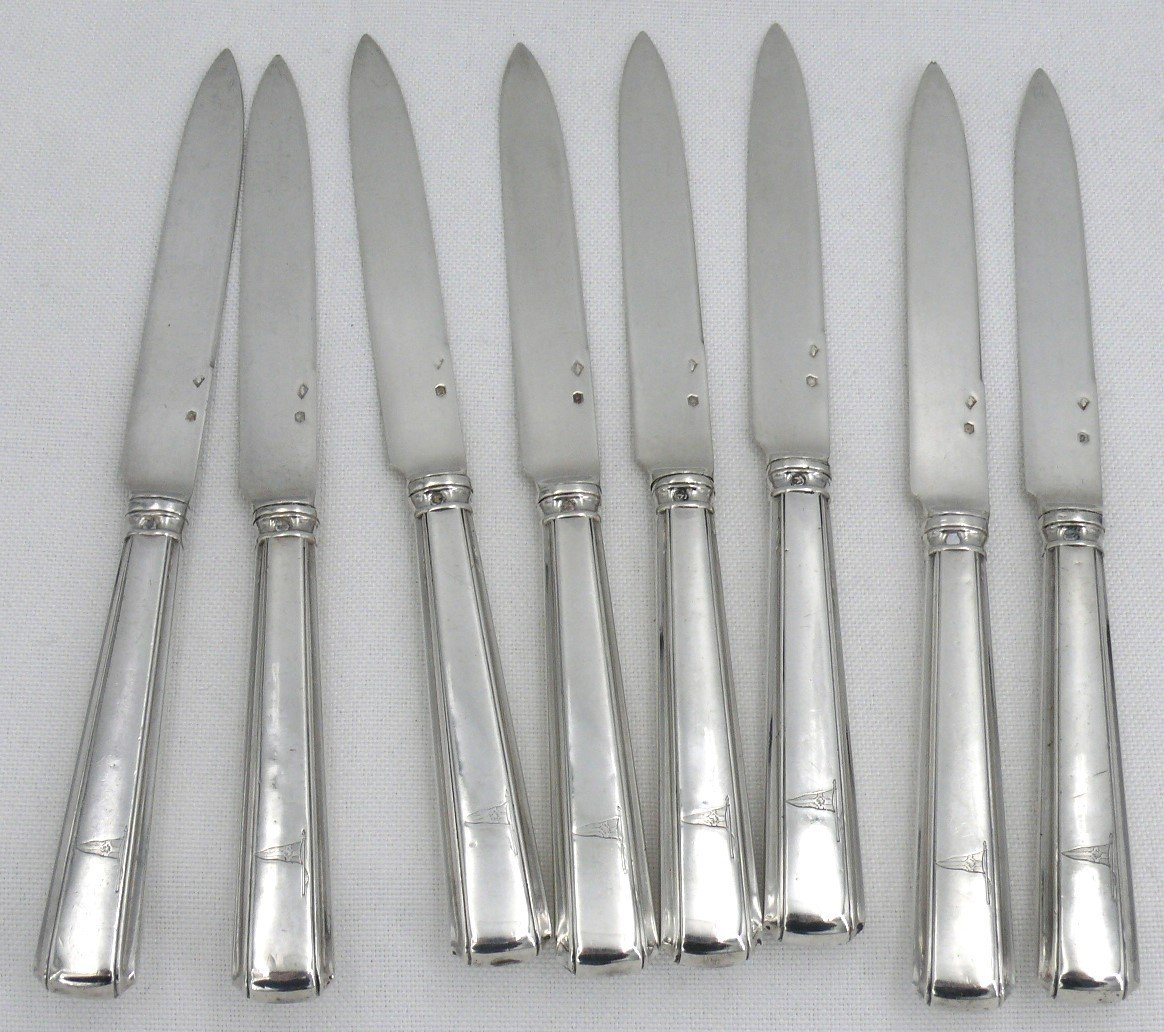 8 Art Deco Fruit/dessert Knives, Mercury Sterling Silver Blades, English Coat Of Arms.