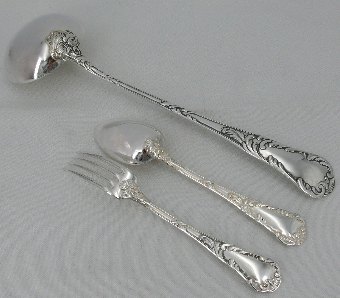 Christofle Modèle Chrysanthème, 12 Couverts De Table + 1 Louche, 25 Pièces, Métal Argenté.-photo-3