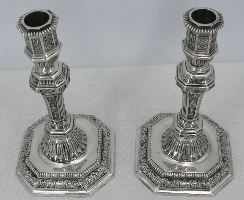 Christofle Modèle Duperier, Paire De Bougeoirs/flambeaux Métal Argenté, Excellent état.-photo-1