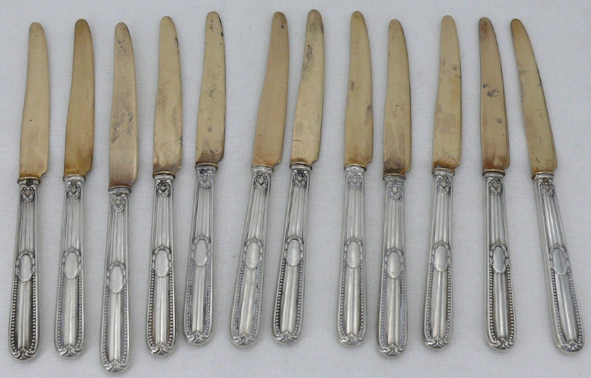 Tétard Frères, Service à Gâteaux : 12 Fourchettes + 12 Couteaux, Argent Minerve.-photo-4