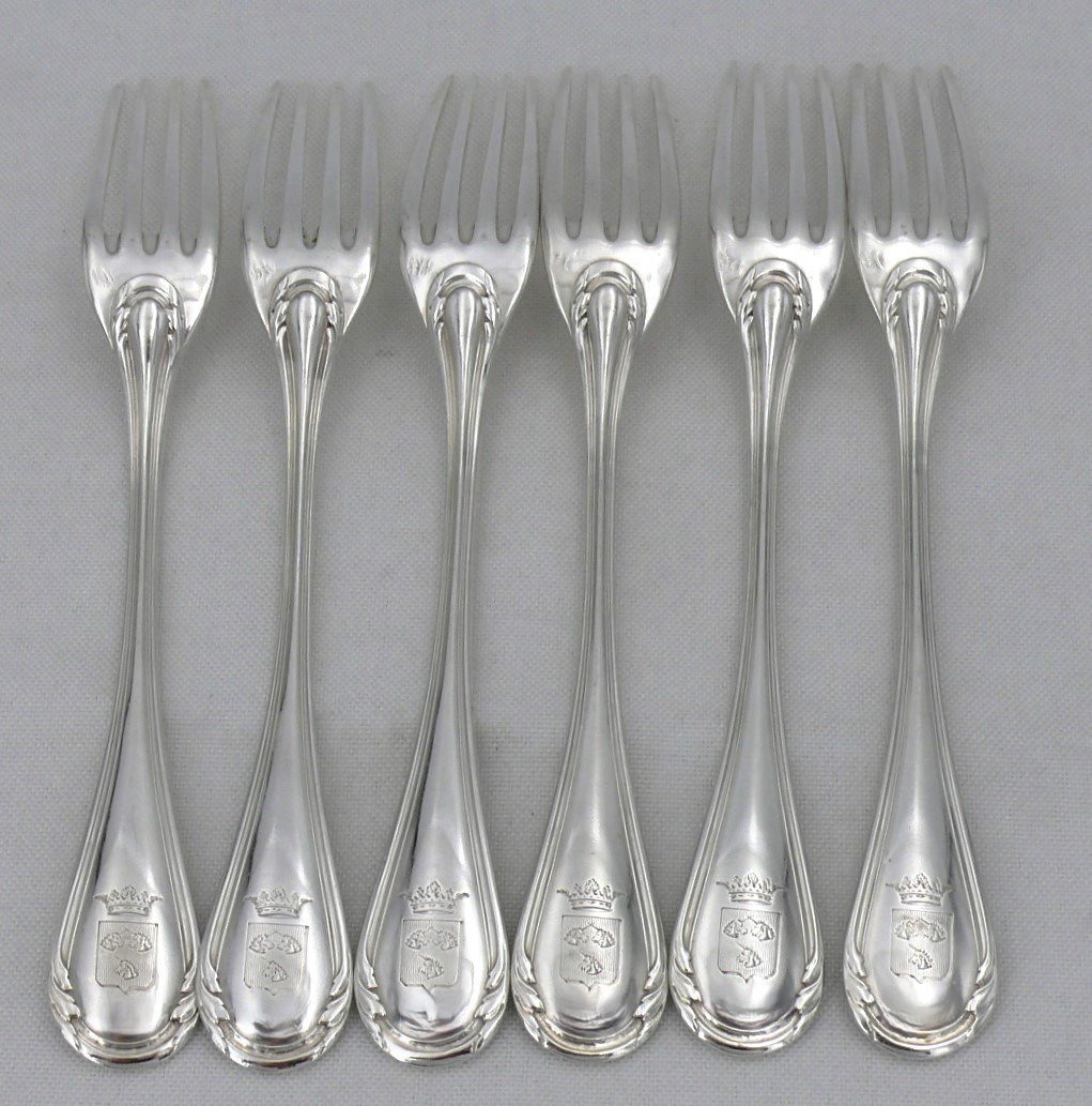 6 Fourchettes De Table, Argent Massif Minerve, Henri Soufflot, Armoiries, 21,5 Cm.