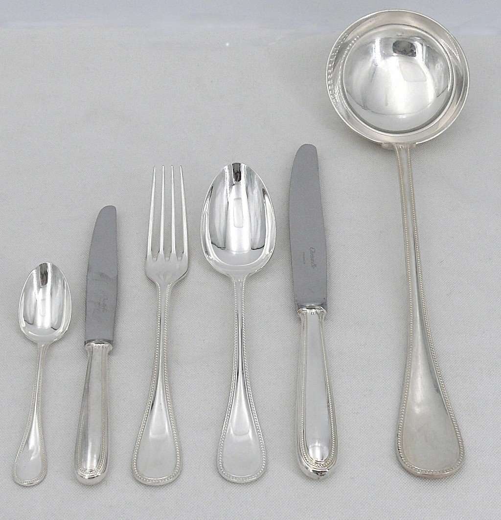 Christofle Perles Model, 61-piece Silver-plated Metal Cutlery Set, New Case.-photo-3
