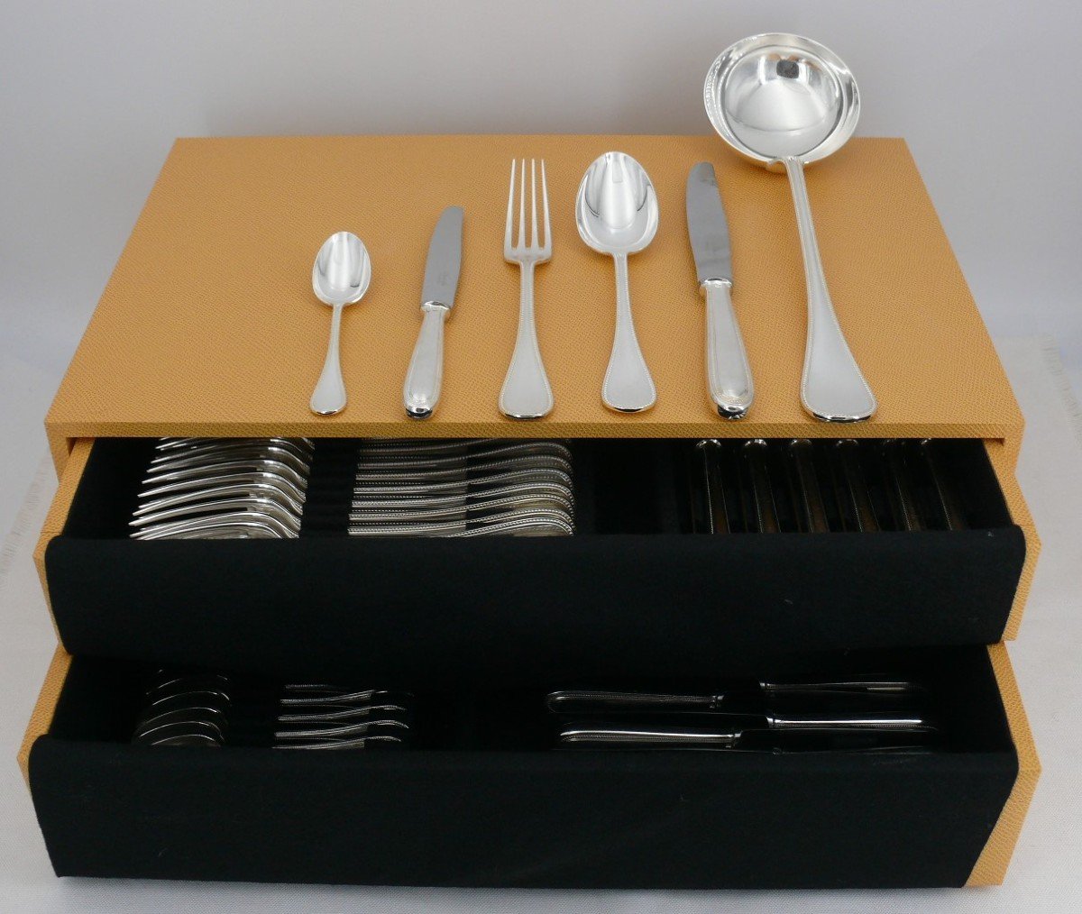 Christofle Perles Model, 61-piece Silver-plated Metal Cutlery Set, New Case.