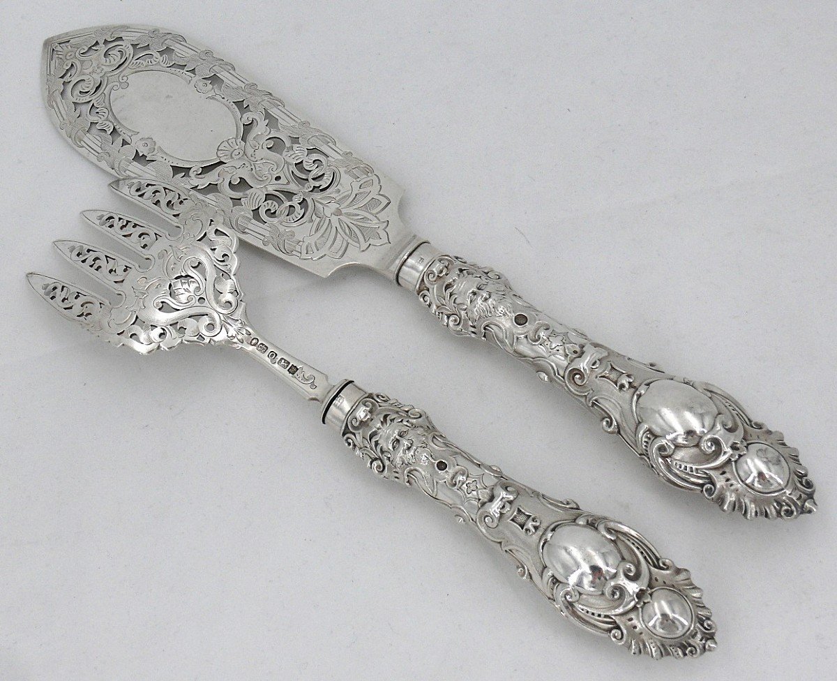 Fish Serving Cutlery, Silver, English, Engraved, Openwork, Martin Hall & Co, 1857-photo-4