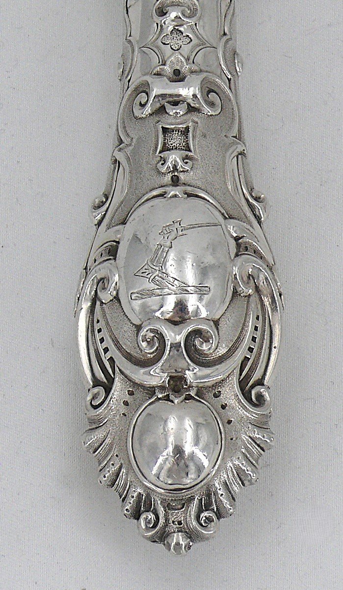 Fish Serving Cutlery, Silver, English, Engraved, Openwork, Martin Hall & Co, 1857-photo-6