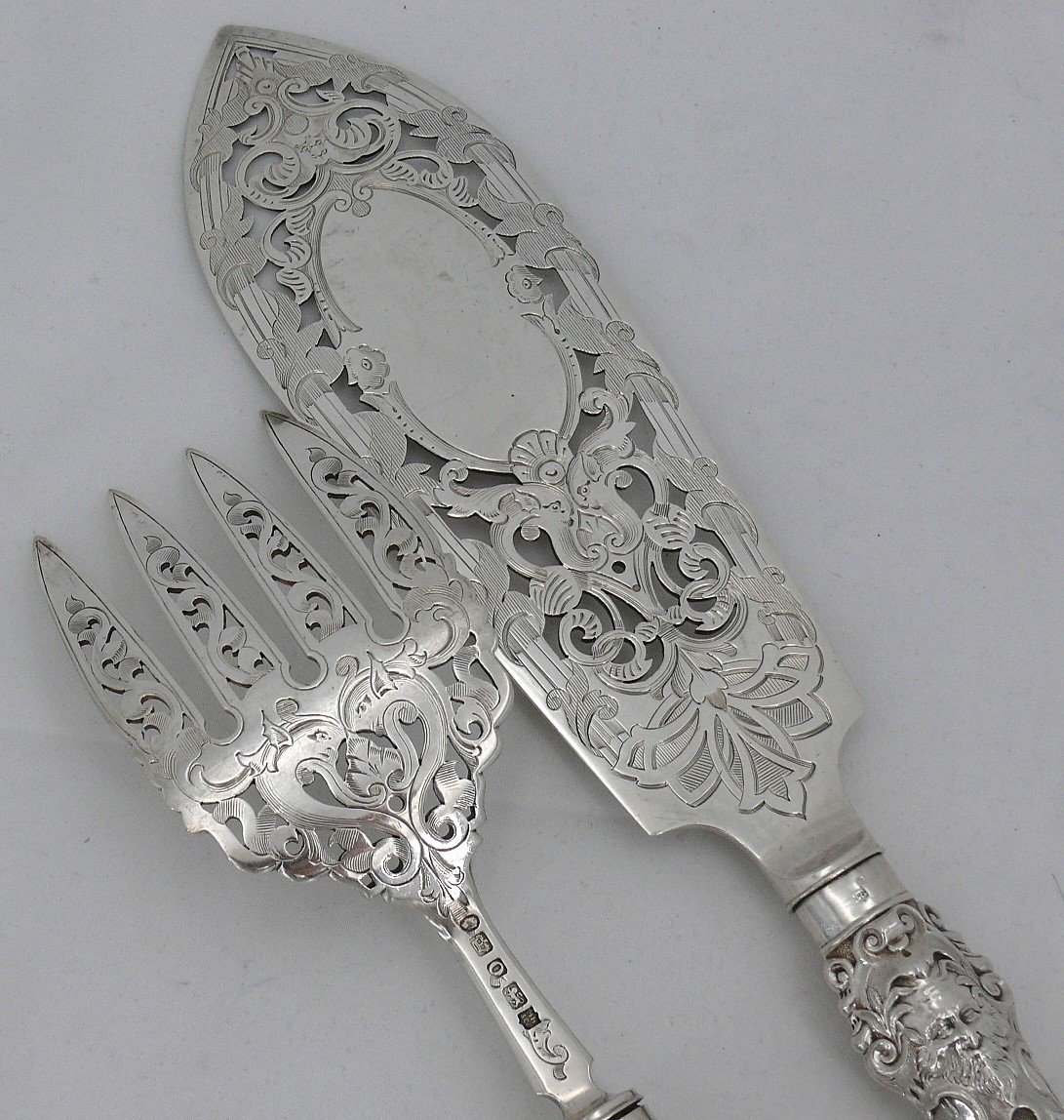 Fish Serving Cutlery, Silver, English, Engraved, Openwork, Martin Hall & Co, 1857-photo-7