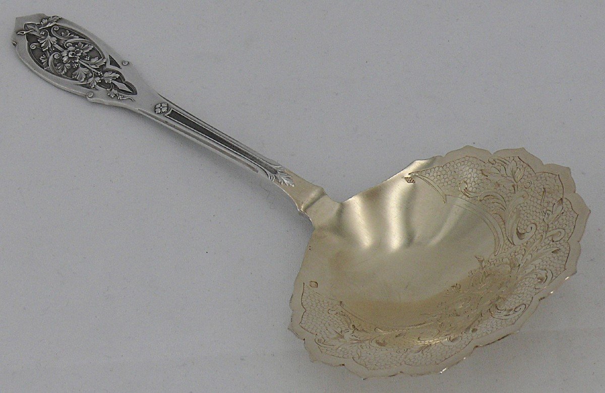 Puiforcat, Modèle "feuillage" Art Nouveau, Pelle à Fraise, Argent Massif Minerve.-photo-3
