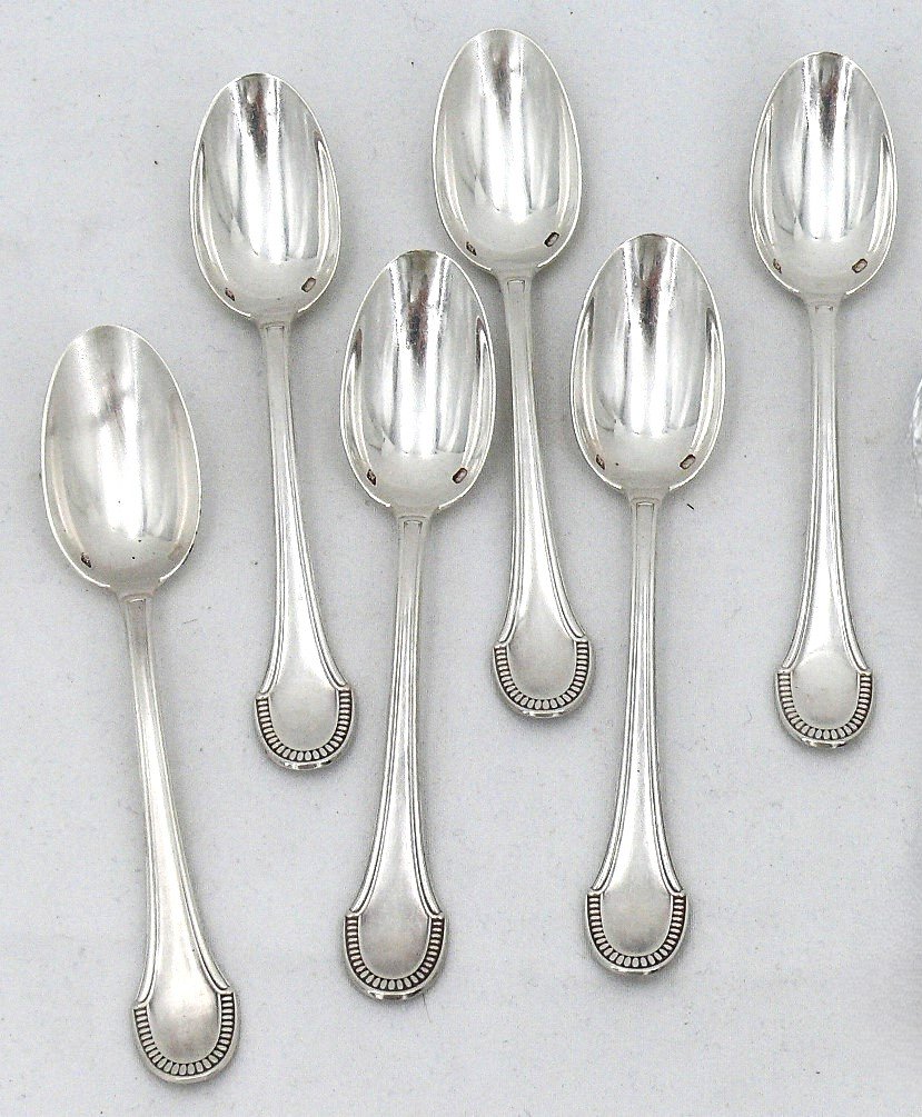 Ravinet d'Enfert, 6 Cuillères à Moka/café En Argent Massif Minerve, Godrons Art Déco.