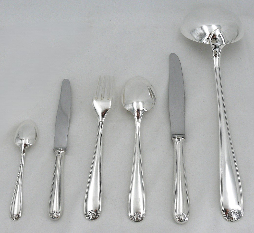 Christofle Marot Model, Small Shell, 61 Piece Silver Plated Metal Cutlery Set.-photo-4