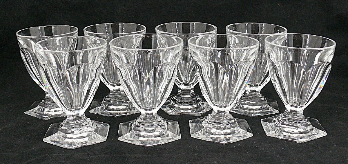 Baccarat Model Bourbon, 8 Wine Glasses, Crystal, Signed, 9.2 Cm, Excellent Condition.