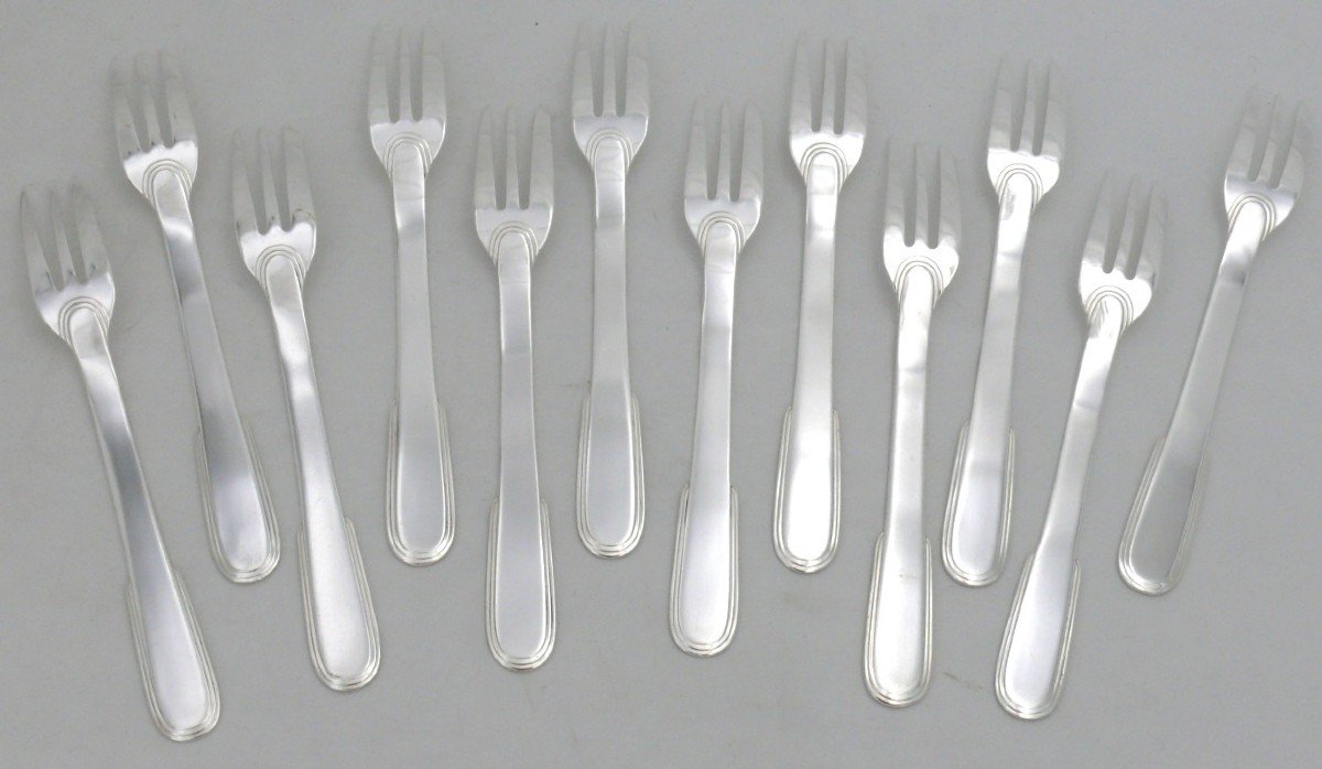 Christofle Laos Model, 12 Cake Forks, Silver Plated Metal, Excellent Condition, 17 Cm.-photo-4
