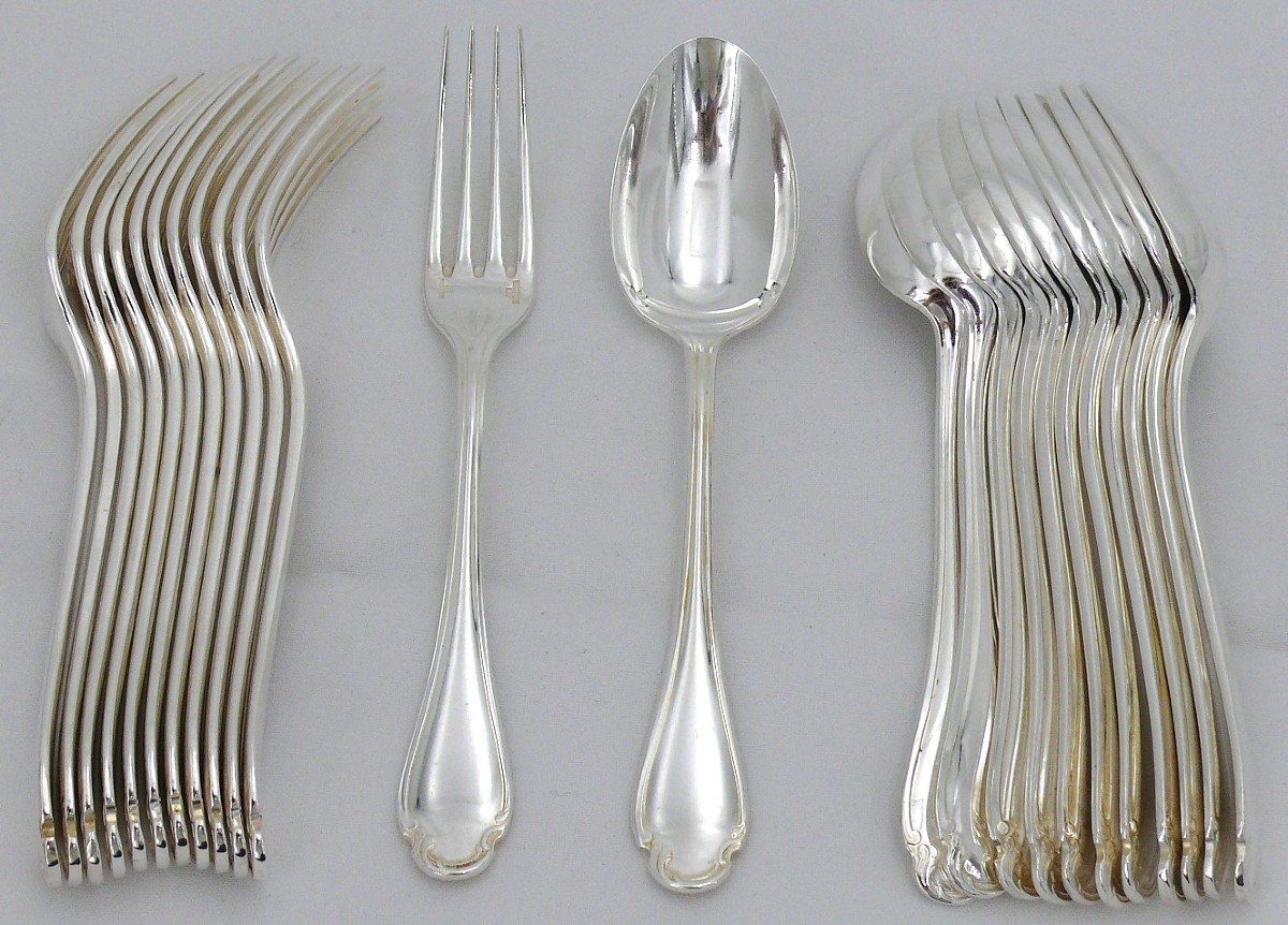 Christofle Modèle Pompadour, 12 Couverts à Entremets/dessert, 24 Pièces, 17 Cm, Métal Argenté.