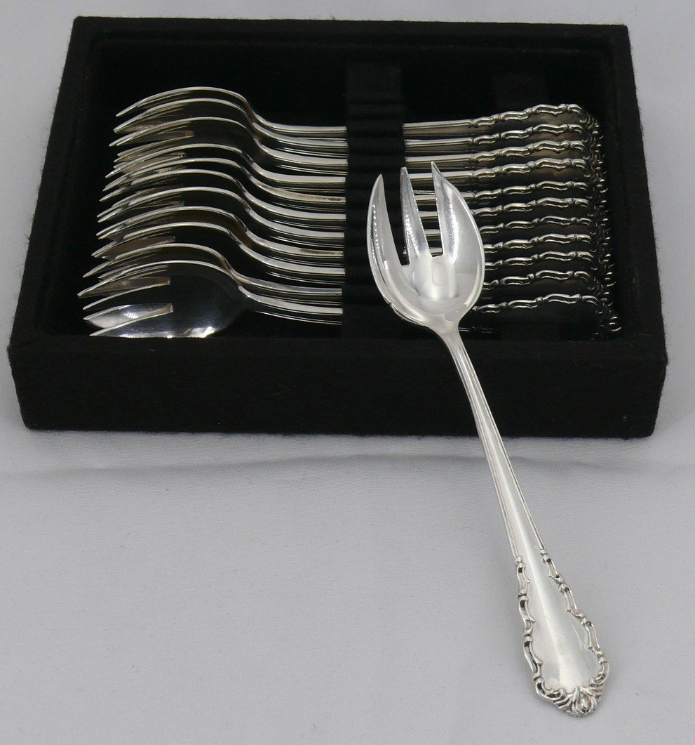 12 Originales Cuillères, Fourchettes à Huitres, Argent Massif Espagne, 376 G.