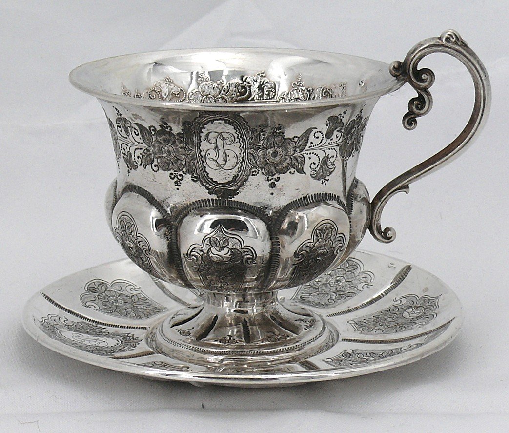 Tasse Et Sous Tasse Argent Gravée, Massif Minerve, Napoléon III, Eugène Roussel-doutre.