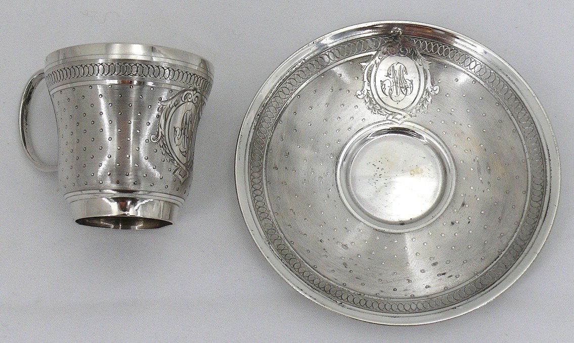 Tasse + Sous Tasse, Argent Massif Minerve, Napoléon III, César Tonnelier, Guillochée.-photo-2