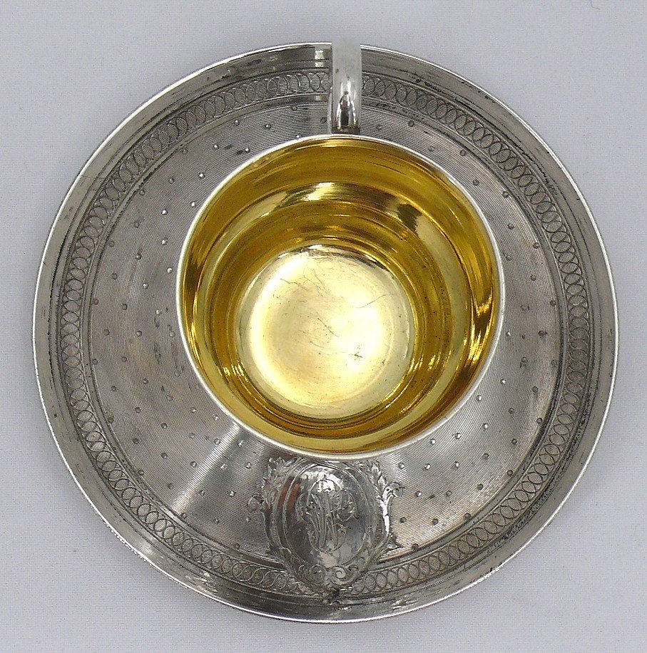 Tasse + Sous Tasse, Argent Massif Minerve, Napoléon III, César Tonnelier, Guillochée.-photo-3