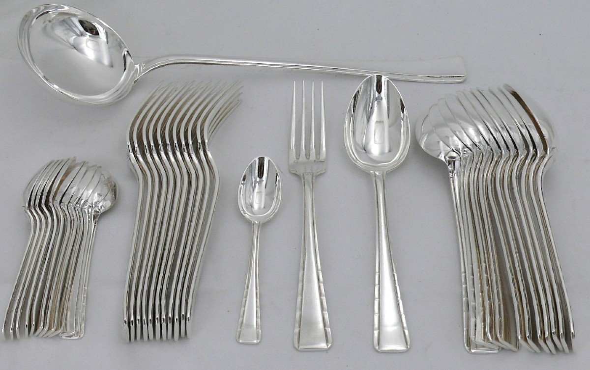 Ercuis Neptune, Art Deco, 37 Piece Silver Plated Cutlery Set, Excellent Condition.-photo-2