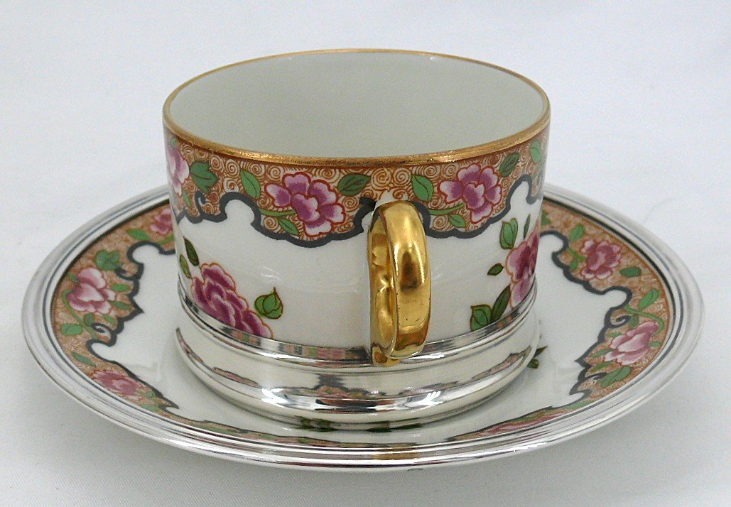 6 Cups And 5 Saucers In Limoges Porcelain, Solid Silver Rim Minerva, Tétard.-photo-2